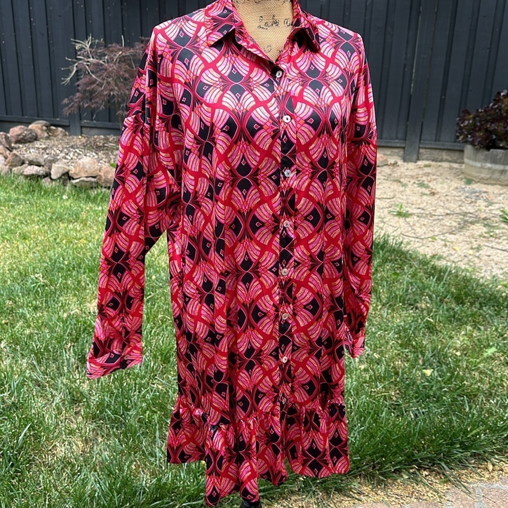 ❤️🩷❤️Elenza dress red pink black deco ruffle midi satin NWOT - Picture 10 of 13